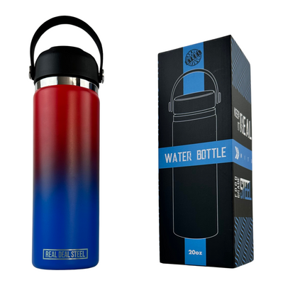 20 OZ Vacuum Insulated Water Bottle -Red/Blue | BPA Free, Food Grade 18/8 Stainless Steel with Silicone Handle and Straw Cleaning Brush
