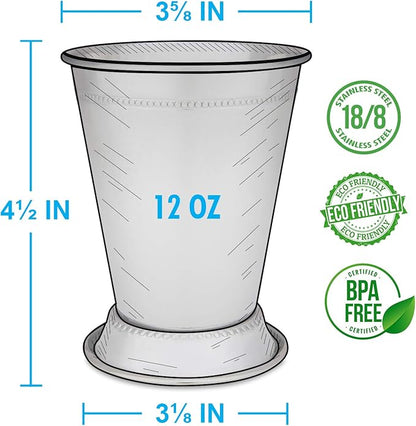 Mint Julep Cups: Stainless Steel Kentucky Derby Glasses, Metal 12 oz Cocktail Glasses, Derby Party Supplies (Set of 4)