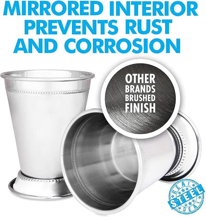 Mint Julep Cups: Stainless Steel Kentucky Derby Glasses, Metal 12 oz Cocktail Glasses, Derby Party Supplies (Set of 4)