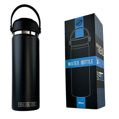 20 OZ Vacuum Insulated Water Bottle -Black | BPA Free, Food Grade 18/8 Stainless Steel with Silicone Handle and Straw Cleaning Brush