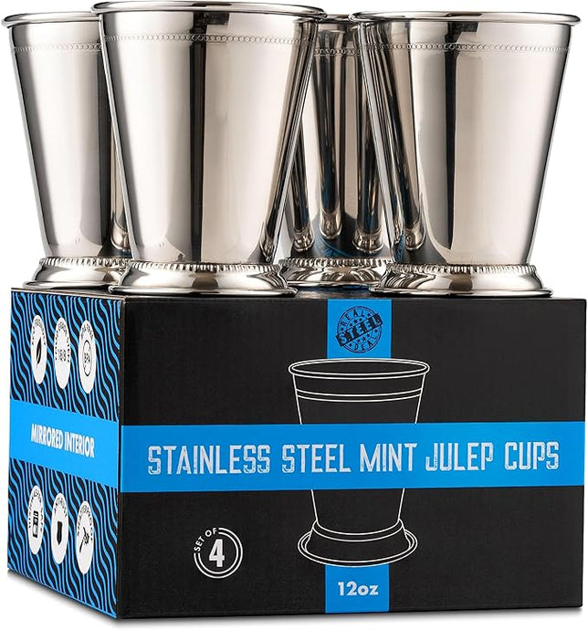 Mint Julep Cups: Stainless Steel Kentucky Derby Glasses, Metal 12 oz Cocktail Glasses, Derby Party Supplies (Set of 4)