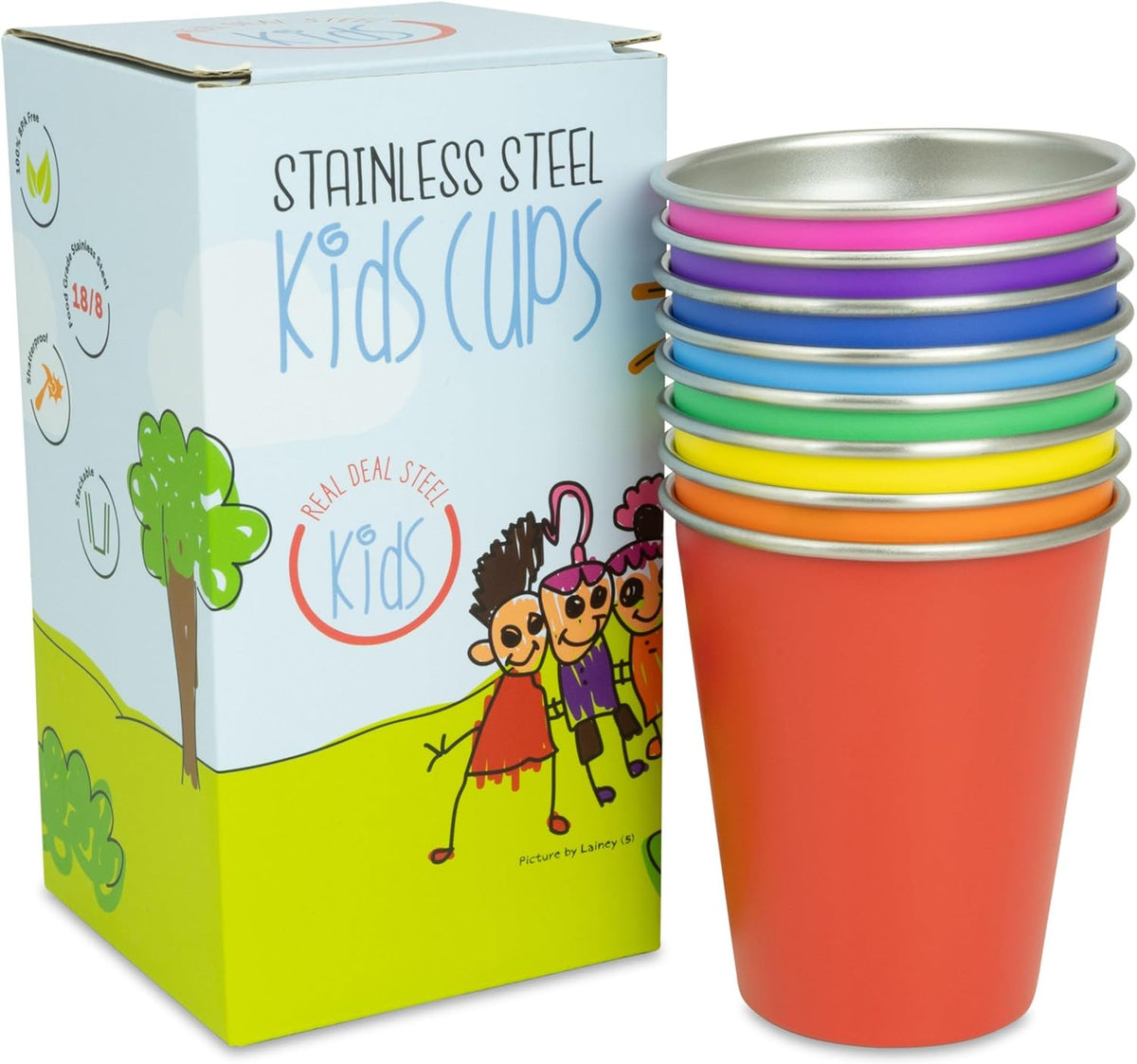 Stainless Steel Kids Cups Set of 8 (Rainbow (8 Pack) Real Deal Steel