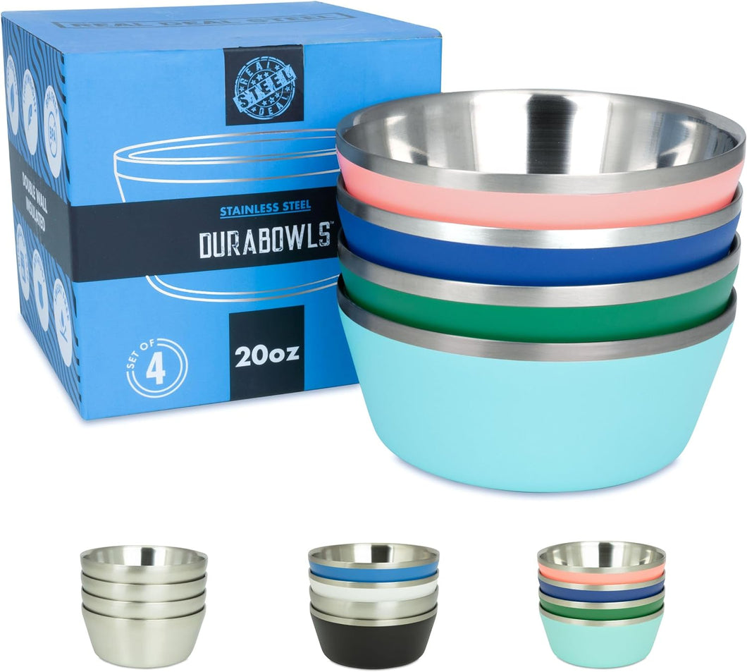 DURABOWLS 20 oz Insulated Stainless Steel Bowls (Assorted 2 (Navy, Green, Teal Blue, Coral))