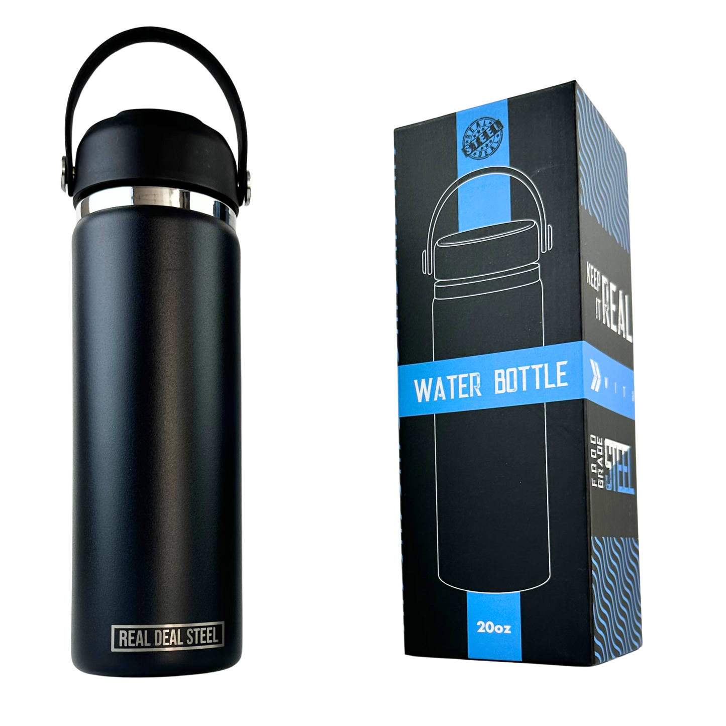 20 OZ Vacuum Insulated Water Bottle -Black | BPA Free, Food Grade 18/8 Stainless Steel with Silicone Handle and Straw Cleaning Brush