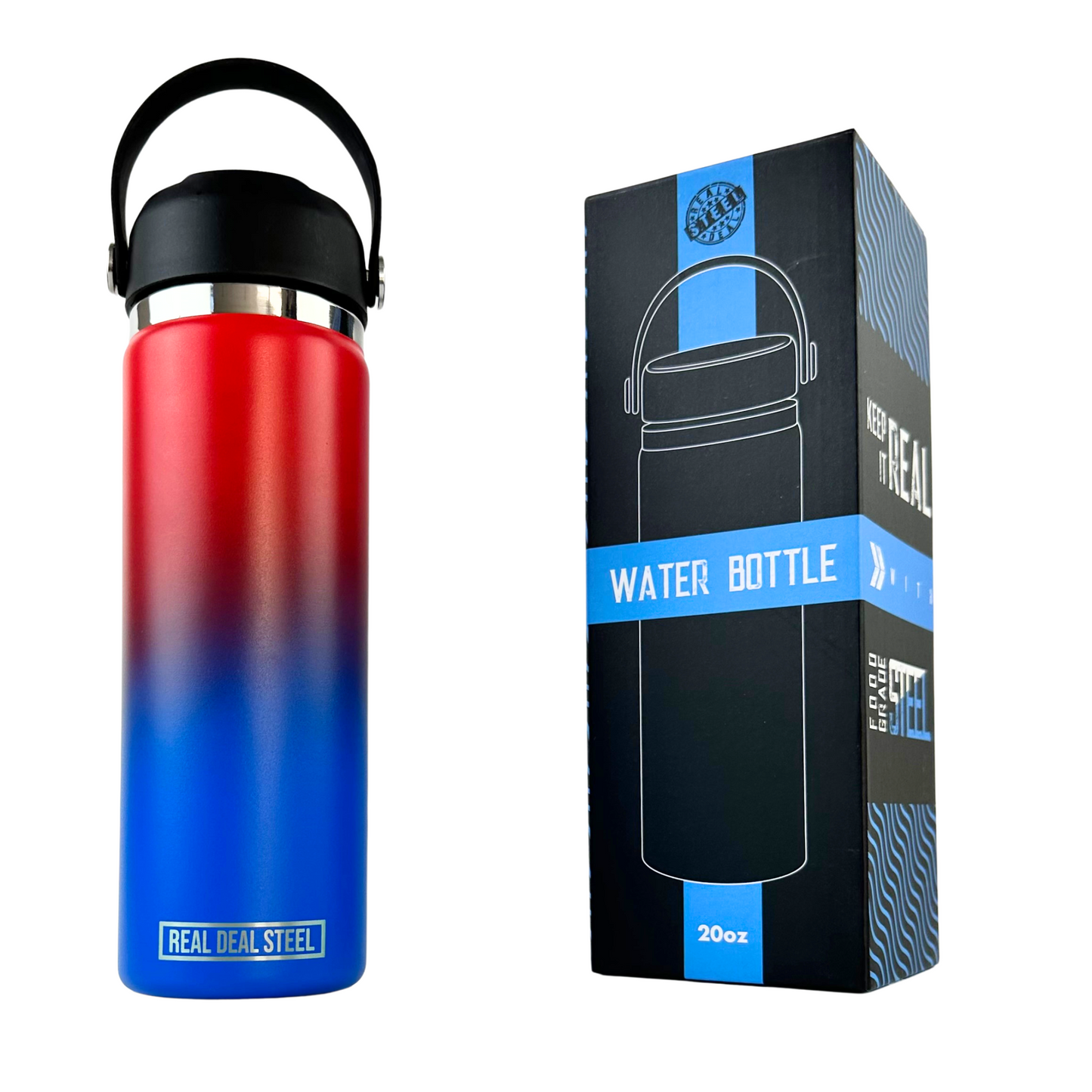 20 OZ Vacuum Insulated Water Bottle -Red/Blue | BPA Free, Food Grade 18/8 Stainless Steel with Silicone Handle and Straw Cleaning Brush