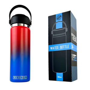 20 OZ Vacuum Insulated Water Bottle -Red/Blue | BPA Free, Food Grade 18/8 Stainless Steel with Silicone Handle and Straw Cleaning Brush