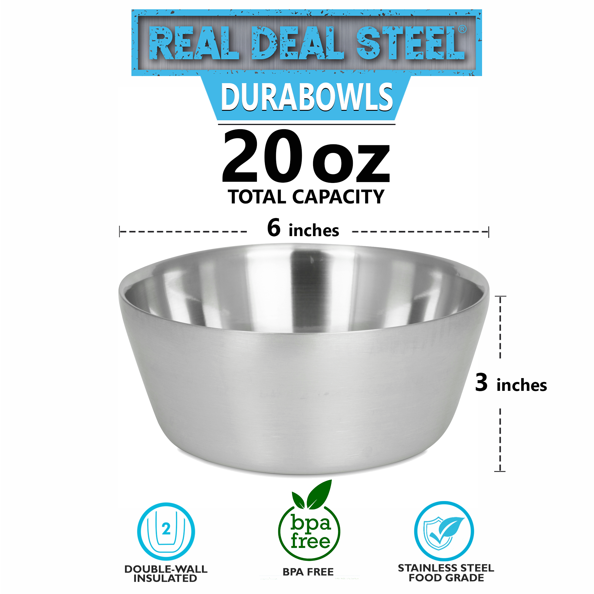 DURABOWLS 20 oz Insulated Stainless Steel Bowls (Stainless Steel) – Real  Deal Steel