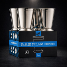 Load image into Gallery viewer, Mint Julep Cups: Stainless Steel Kentucky Derby Glasses, Metal 12 oz Cocktail Glasses, Derby Party Supplies (Set of 4)
